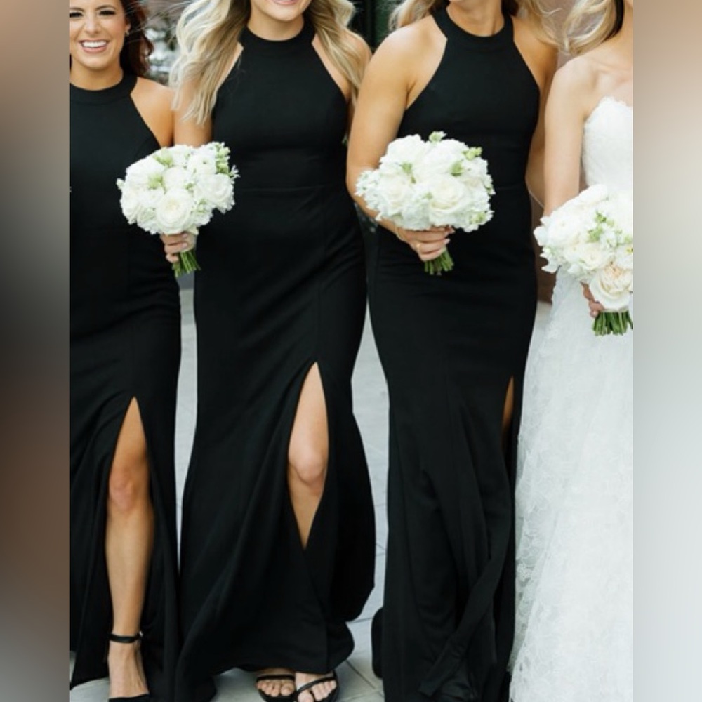 Anthropologie Black Halter Open Back Side Slit Gown